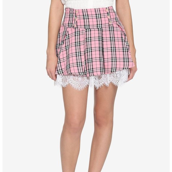 Hot Topic Large Pink Plaid Strawberry Lace Trim Skirt - Picture 1 of 8